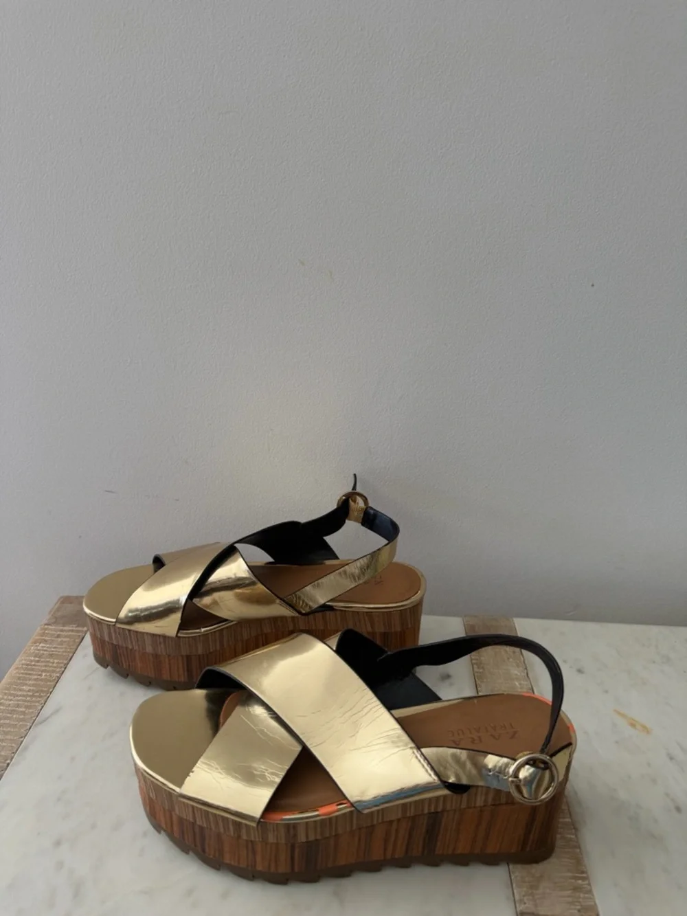 Zara Metallic Gold Platform Crisscross Sandals